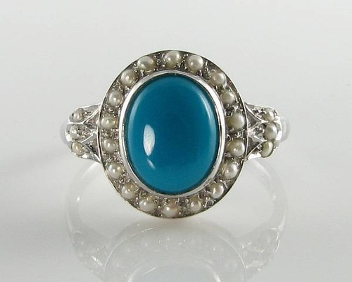 CLASS 9k 9CT WHITE GOLD TURQUOISE & SEED PEARL ART DECO INS CLUSTER RING - Picture 2 of 5