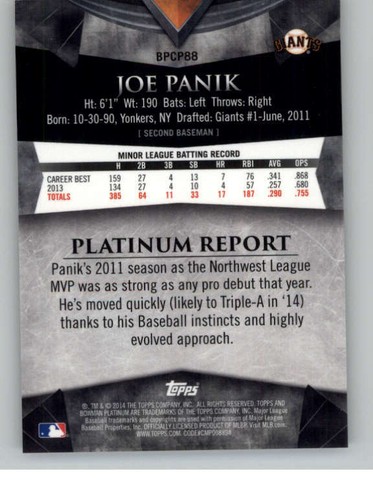 2014 Bowman Platinum Chrome Prospects Green #BPCP88 Joe Panik \399 (ref 134606) - Picture 2 of 2