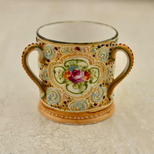 Antique C.1900 Noritake Moriage raised enamel floral painted miniature tyg cup