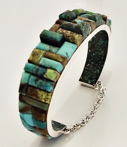VERSCHIEDENE NATÜRLICHE TÜRKIS GEPFLASTERTE INLAY .925 SILBER ARMBAND ARMBAND HANDGELENK 7-1/2 - Bild 2 von 5