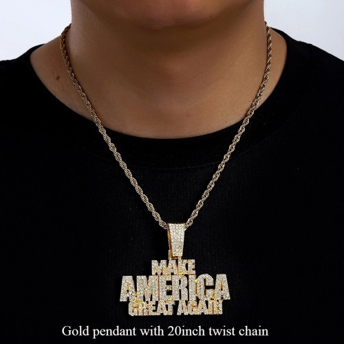Hip Hop Iced Make America Pendant Necklaces Punk CZ Letter Crystal Chain Jewelry - Picture 10 of 21