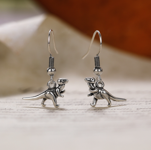 Silver Punk Unisex Dinosaur Dangle Drop Hook Earrings - Picture 1 of 3