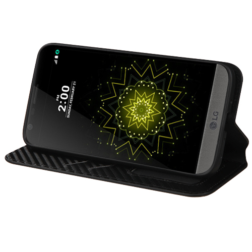 Black Carbon Fiber Print Folio Flip Case w/Stand Faux Leather Cover for LG G5 - Picture 3 of 4