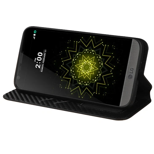 黑色碳纤维印花对开式翻盖外壳 带支架 人造皮革 保护套 适用于 LG G5 — 第 3/4 张图片