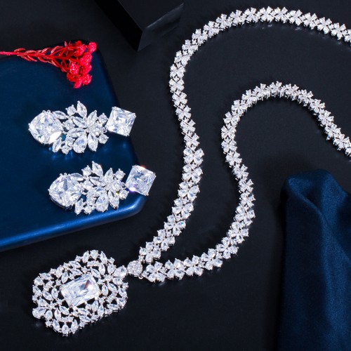 Conjunto de joyas nupciales rojas chapadas en plata con racimo de hojas cuadradas circonita cúbica - Imagen 2 de 17