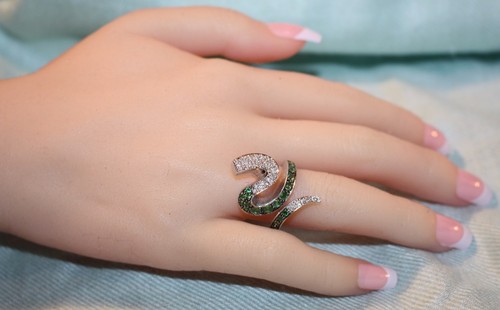 14K Weißgold langer moderner TSAVORIT GRANAT in schwarzem Rhodium & DIAMANT RING Gr. 7 - Bild 5 von 12