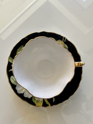 Aynsley England Porcelain Cup And Saucer Black Dogwood Flowers Gold - Picture 9 of 22