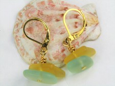 SEA GLASS Frosted Yellow Aqua Blue Gold Dangle Earrings Beach USA HANDMADE