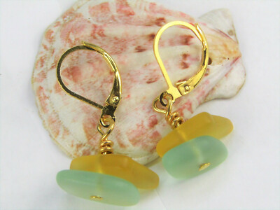 SEA GLASS Frosted Cobalt Caribbean Blue Gold Dangle Earrings Beach USA HANDMADE SEA GLASS Frosted Cobalt Caribbean Blue Gold Dangle Earrings Beach USA HANDMADE