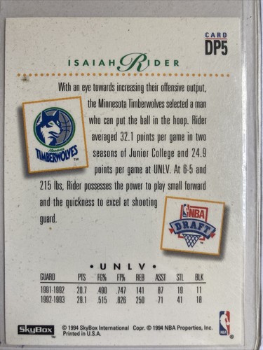 1994 SKYBOX PREMIUM DRAFT PICK ROOKIE ISAIAH RIDER #DP5 Minnesota Timberwolves - Picture 2 of 2