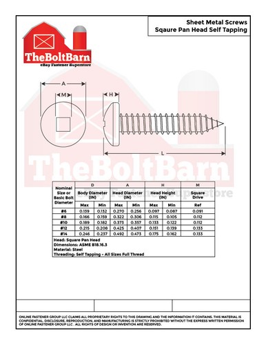 #8 Square Pan Head Self Tapping Sheet Metal Screws Zinc (Pick Length & Qty) - Picture 2 of 2