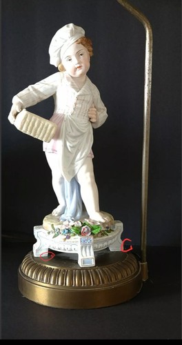 Vintage French Bisque 31" Tall Table Lamp w/ Baker Boy Holding a basket on Brass - Picture 17 of 20