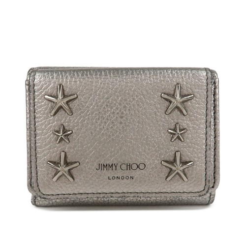Authentic JIMMY CHOO 202 NEMO Studs Leather Compact Wallet Silver Used F/S