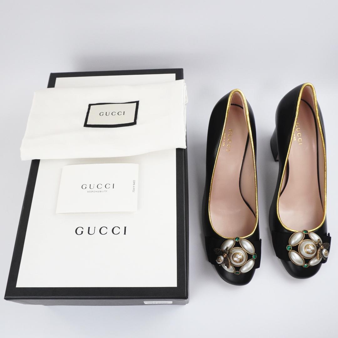 Gucci Women's Block Heel Bee Pumps Leather Shoes in Black size 38