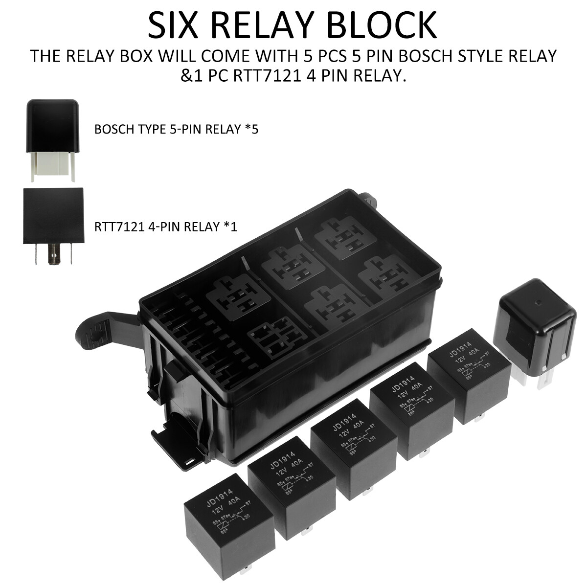 Fuse Relay Box 12V Waterproof Relay Block Kit 6 Slots 5Pin 4 Pin 40A