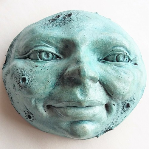 Handmade Blue Moon Wall Sculpture, Signed Folk Art by Claybraven, Weatherproof