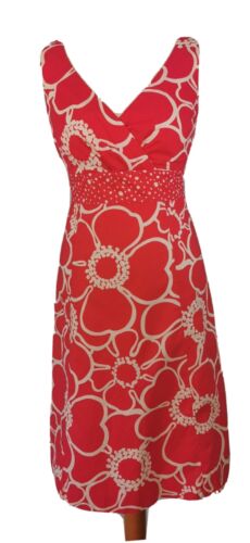 BODEN Fit Flare V Neck Lined Floral Midi Dress 10 Red Pink White Sleeveless  - Picture 1 of 10