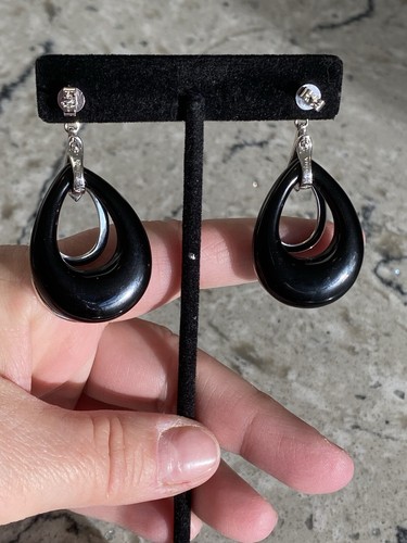 Sterling Silver White Diamond & Black Onyx Enhancer - 2 Piece Teardrop Earrings - Picture 10 of 18
