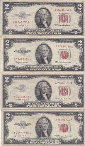 KAPPYSCOINS WC192 ESTATE LOT OF 4 RED SEAL $2.00 UNITED STATES NOTES CIRC