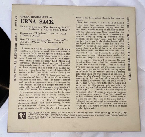 Vintage Mercury Classics Extended Playing 45 OPERA Erna Sack EP-1-5022A - Picture 9 of 9