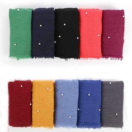 Women Soft Plain Scarf Wrinkle Hijab Scarf Muffler Shawl Muslim Wrap w/Beads HOT - Picture 5 of 67