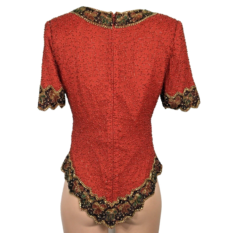 Laurence Kazar Red Gold Flapper Beaded Evening Formal Silk SEQUIN Gatsby VTG S - Image 2 of 4