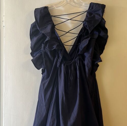 Umgee NWT Lace Up Blue Cotton Mini Dress S Ruffle Mini Plunge Neck - Picture 5 of 9