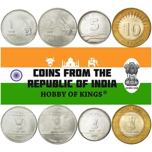 India | 4 Coin Set | 1 Rupee 2 5 10 Rupees | 2007 - 2011 - Picture 1 of 2