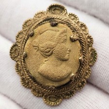 Antique Rare Lava Cameo Button Cufflink Victorian Brass Prong Gold Tone READ