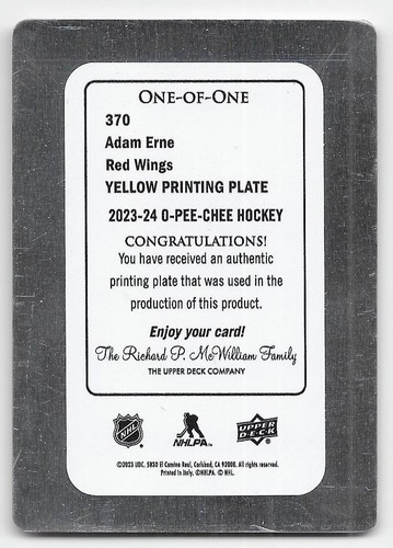 23/24 O-PEE-CHEE YELLOW PRINTING PLATE #370 Adam Erne 1/1 - Picture 2 of 2
