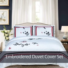 White Florence 3-PC 100 Cotton Embroidered Duvet Cover Set with Pillow Shams