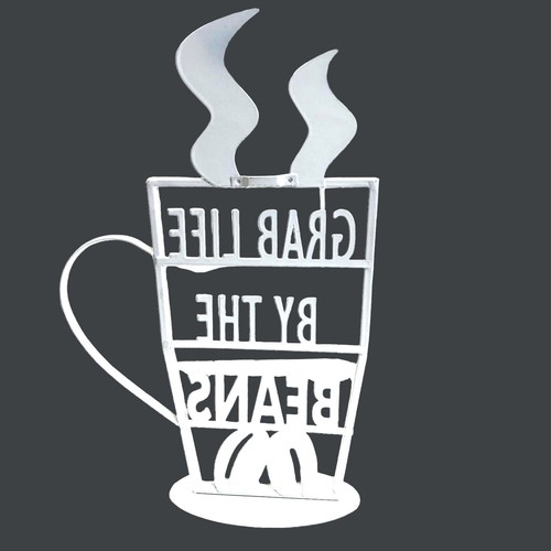 Grab Life By The Beans White Metal Sign Coffee Cup 12x8 in Shelf Sitter - Picture 5 of 6