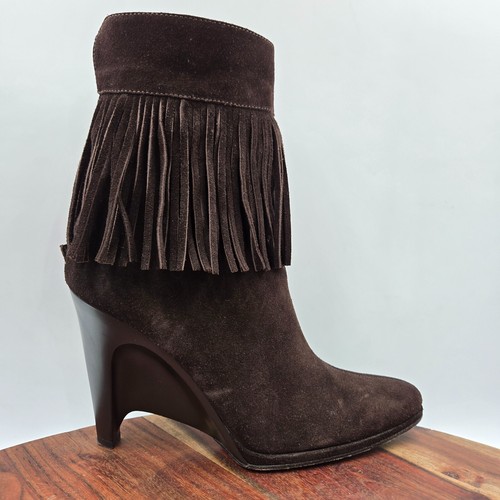 Helmut Lang Boots Womens 37.5 / 7.5 Brown Suede Fringe Boho Stiletto Heel Bootie - Picture 1 of 13