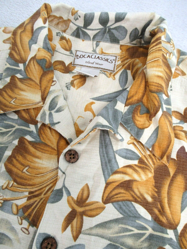 Boca Classics Men’s Sz XL Hawaiian Shirt Floral Short Slv Beige Gray 100% Silk