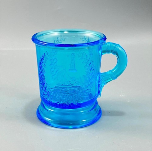Vintage Mosser Glass Light Blue Sailboat Lighthouse Child Mug Cup 3" Tall