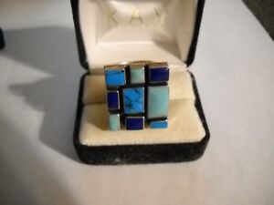 925-Sterling-Silver-Turquoise-Lapis-Square-Ring-Size-8-5