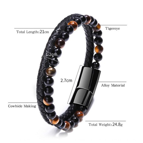 Men Tiger Eye Double Layer Leather Bracelets Stainless Steel Bangle Jewelry Gift - Picture 2 of 7