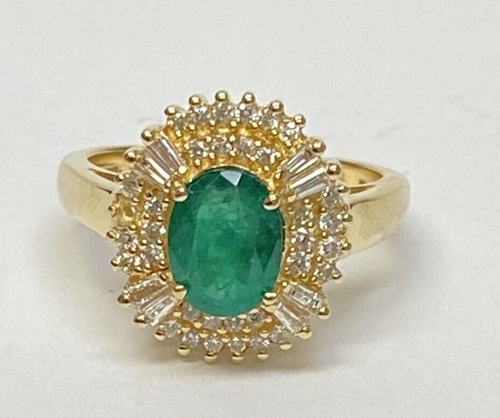 Effy Baguette & Diamond & 1.25 ct Oval Green Emerald Stone 14K Yellow Gold Ring - Picture 13 of 24