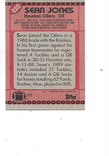 Sean Jones 1990 Topps Football Card #222 Houston Oilers NM - Picture 2 of 2