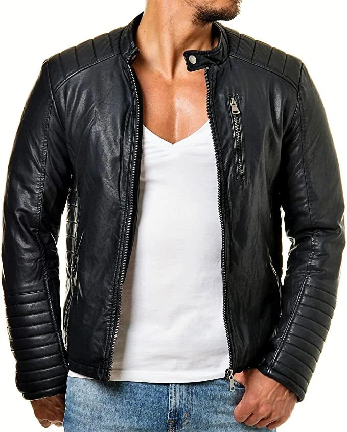 MOSH Men's High Quality Genuine Lambskin 100% Leather Black Padded Biker Jacket
