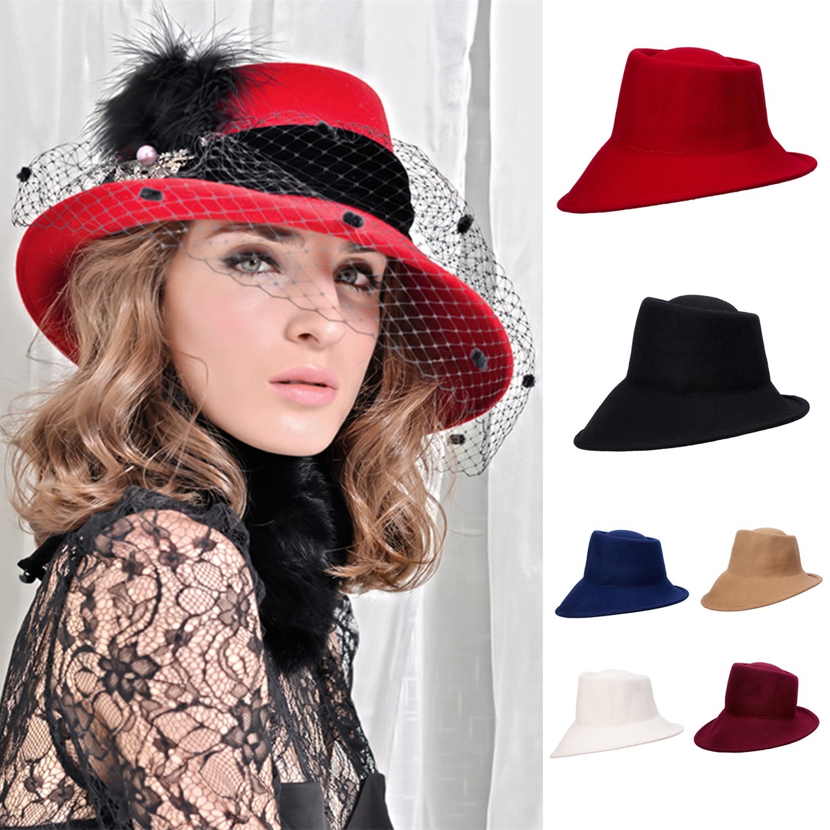 Womens 100% Wool Felt Tilt Asymmetrical Brim Wedding Church  display picture 3