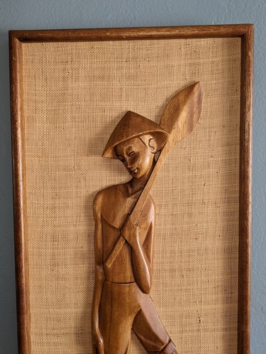 Vintage Mid Century Teak and Burlap Wall Hangings of Farmer Woman and Fisherman, - Picture 2 of 8