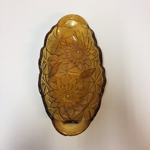 Amber-Glass-Oval-Dish-Sunflower-Design-Candy-Nut-Relish-Celery-9-5-034-Long-5-034-Wide