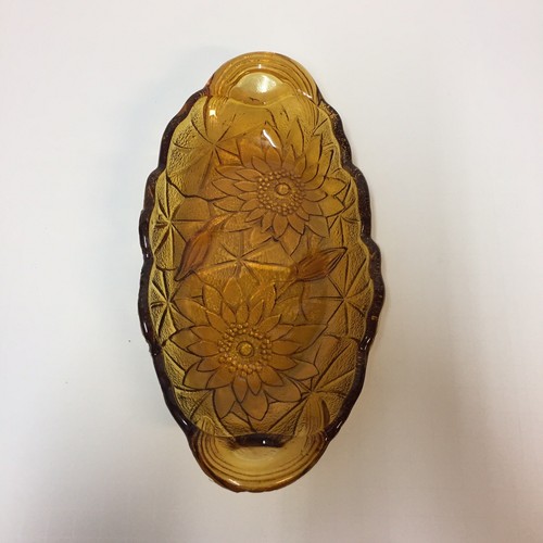 Amber Glass Oval Dish Sunflower Design Candy Nut Relish Celery 9.5" Long 5" Wide - Picture 1 of 12