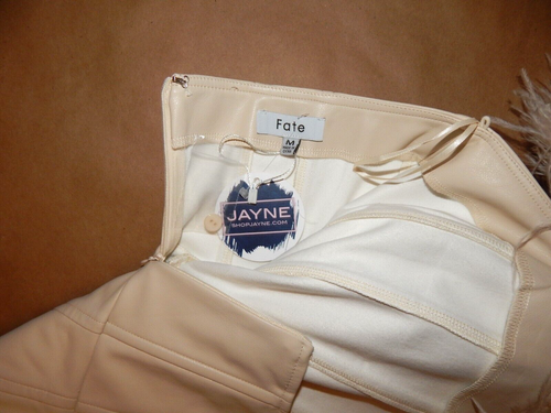 Womens Dress Medium M Fate Jayne Faux Feather Trimmed Pleather Midi Ecru Beige - Picture 13 of 19