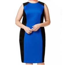 Calvin Klein Blue Scuba Black Faux Suede Colorblock Sleeveless Sheath Dress Sz 6