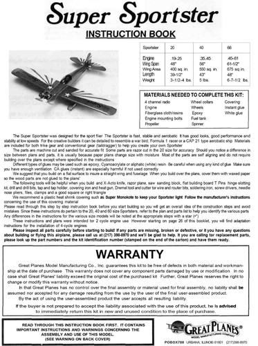 Planes de avión modelo Great Planes (RC): SUPER SPORTSTER 20 48" para .19-.25 - Imagen 2 de 5