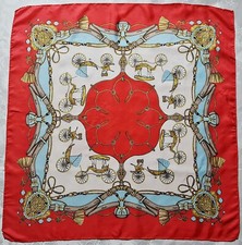 SCARF VINTAGE AUTHENTIC EQUESTRIAN ART CARRIAGES RED BLUE SILK 33" SQUARE