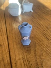 Vintage Occupied Japan Blue Vase with Pink Flower Miniature Two Handled  2 3/8"