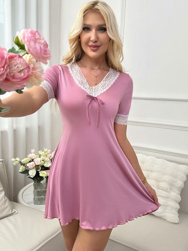 Women's Sleep Dress Short Sleeve Lace Sleepshirt Nightgown Casual Sleepwear US - Picture 12 of 16